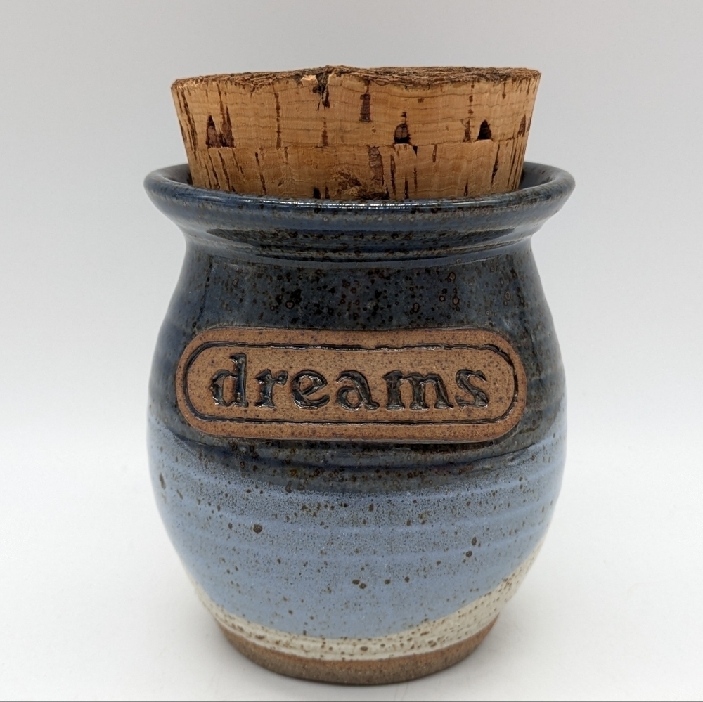 Ceramic Stoneware Blue Brown Grey Dreams Cork Top Container
